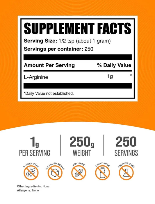 Bulksupplements L-Arginine Powder - Arginine Supplement - Unflavored, 250G (8.8)